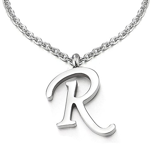 COOLSTEELANDBEYOND Name Initiale Alphabet Buchstaben A bis Z Anhänger Edelstah Halskette für Damen Herren mit 50cm Stahl Seil-Kette - R