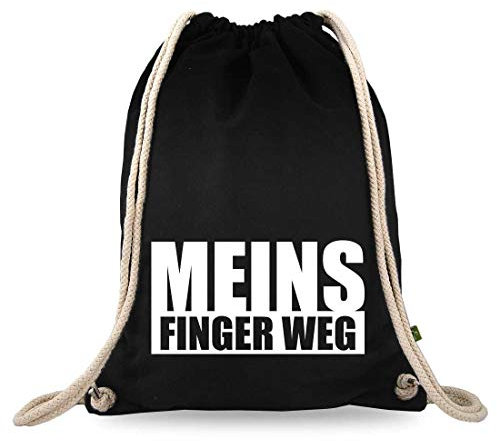 Turnbeutelliebe® Turnbeutel mit Spruch - lustige Motive & Sprüche - Bedruckt - Baumwolle schwarz - Sportbeutel - Rucksack - ca. 12 Liter - 37 x 46 cm (Meins Finger Weg)
