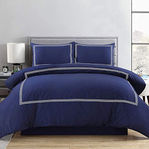 My Home Store Duvet Cover Hotel Quality 200TC Bedding Set Duvet Sets Soft Breathable 100% Poly Cotton Quilt Cover with Pillowcases (Bratta Stitch Navy Blue, King)