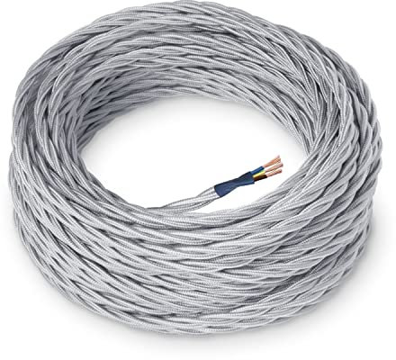 Amarcords - Cavo elettrico tessile colore ARGENTO trecciato seta 3 metri con messa a terra 3x075mm - Filo rivestito in tessuto colorato vintage per lampade lampadari applique e abat jour.