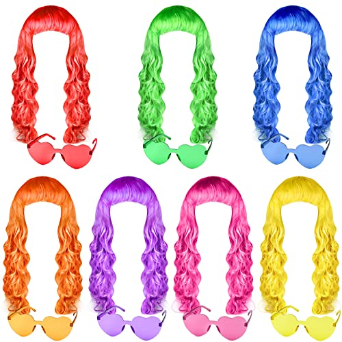 ELECLAND 7-teiliges Party-Perücken und 7-teiliges Perückenkappen-Set, Neon Curly Afro Wigs Sunglass Pack Costume Colorful Cosplay Wig Daily Party Hairpieces