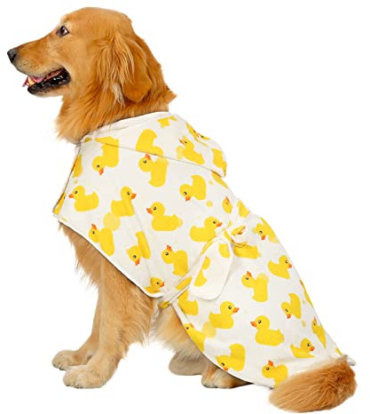 HDE Dog Bathrobe Super Absorbent Quick Drying Puppy Towel Wrap Coat Adjustable After Bath Robes with Hood for Dog Sizes S-XXL White Rubber Ducks XXL