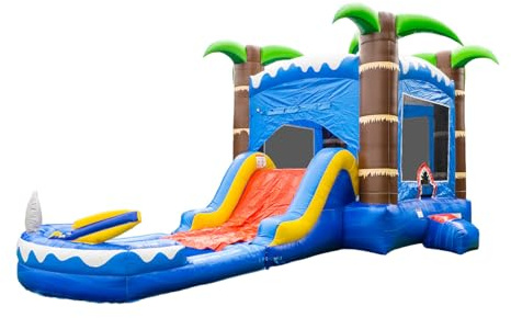 HeroKiddo Ocean Shark Inflatable Water Slide Bounce House Combo with Splash Pool (with Air Blower)
