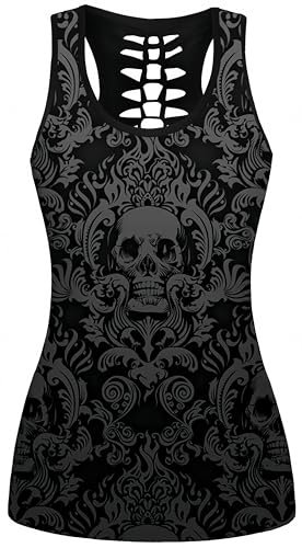 Ocean Plus Femme Crâne Sport Débardeurs Gothique Cache-cœur Gilet d'entraînement sans Manches Chemise Criss Cross Noir T-Shirt Halloween (XL (Brustumfang: 98 cm), Crâne Sombre en Forme de Fleur)
