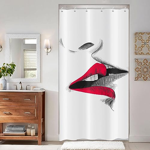 ASDCXZ Schmal Duschvorhang 90x180 cm, Modern Kunst Skizze Sexy Rot Lippe Kiss Weiß Bad Waschbar Schmal Duschvorhänge mit ösen Polyester Textil Wasserdicht Duschvorhang für Badewanne mit 6 Haken
