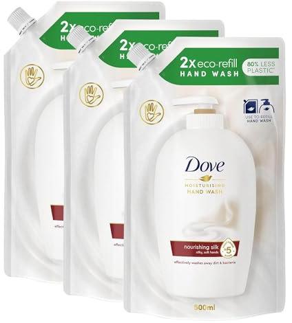 Dove Moisturising Eco-Refill for Liquid Hand Wash Nourishing Silk Effective Antibac Cleansing for 24H Nourishment and Instantly Soft Skin 500ml, 3 Pack