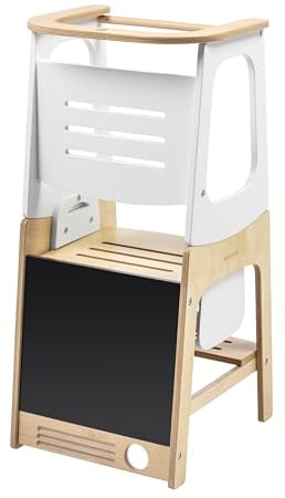 Maxi-Cosi Toucan 3-in-1-Lernturm Montessori Holz, Montessori Lernturm, 1,5–99+ Jahre, 10–150kg, 3 Höhen, verwandelt Sich in Tisch+Stuhl, integrierte Tafel, FSC® 100% Zertifiziertes Holz, Natural Wood