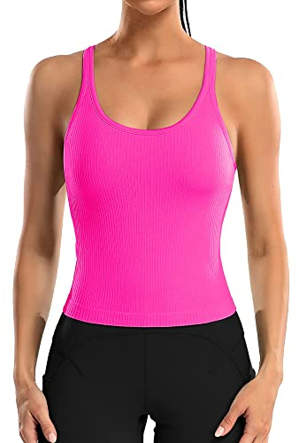 Attraco Damen Tanktops Sport Top mit Built-in BH Ärmelloses Workout Crop Top Racerback Yoga Atmungsaktives Shirts Sportshirt Running T-Shirts Hot Pink M