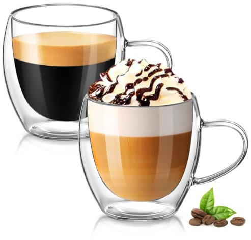 Osrioal Double Walled Glass Mugs, 2 x 250ml Glass Coffee Mugs, Heat Resistant Coffee Cups, Clear Coffee Glasses with Handle for Cappuccino Tea Milk Latte Juice