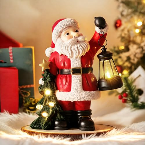 Lewondr Weihnachten Weihnachtsmann Figur, Harz Weihnachtsmann Status Weihnachtsdekorationen mit Kronleuchter, 8 Urlaub Dekoration Ornament Geschenk für Home Office Tabelle Kamin, Rot