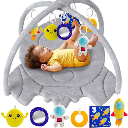 QUOKKA Baby Spielmatte - 100x88 cm Spielbogen Raketenförmige - Spieldecke mit 6 Großen Sensorischen Spielzeugen - Maschinenwaschbar - Baby Matte Faltbar - Kinderzimmer Spielteppich Play Mat