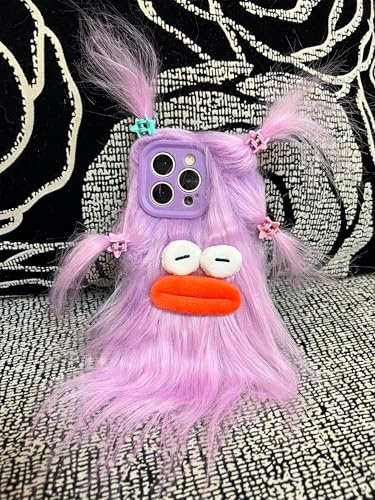 Aeilene Pelzige hässliche Handyhülle für iPhone 16 Pro, niedliche DIY-Hülle, lange Haare, lustig, dicker Mund, warm, 3D-Cartoon, flauschig, Winter, für Frauen und Mädchen, Violett
