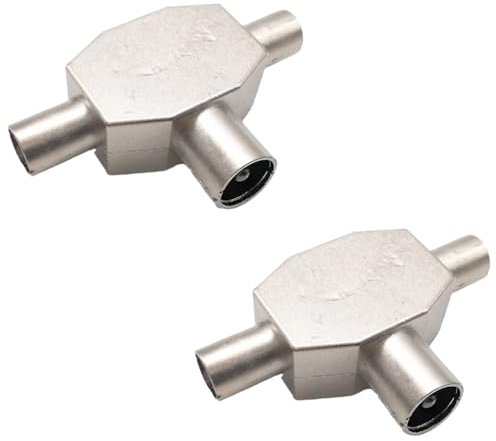 AKSIQIOL 2-Way TV Aerial Coax Splitter – Zinc Alloy 1 Male to 2 Female Coaxial Adapter – Metal Housing for TV, Video Recorder, DVR, Game Console – Clear HD Signal Splitter for Multi-Box Use