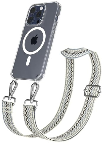 EAZY CASE Handykette - Verstellbares Taschenband kompatibel mit iPhone 15 Pro, Schulterriemen, Handykordel mit Silikon Hülle, Qi Charging kompatibel, Umhängetasche, Beige Blau Silber