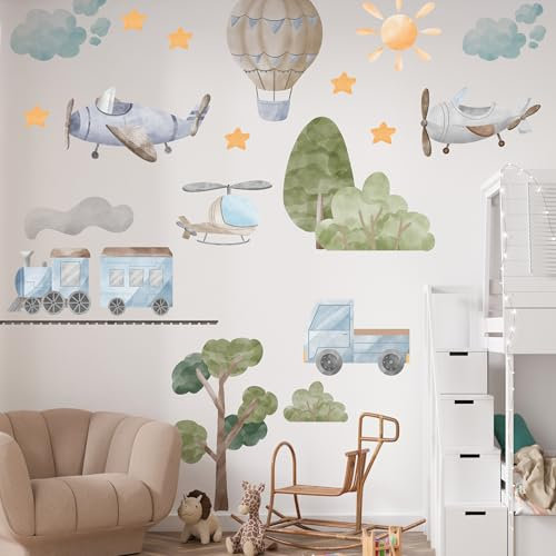 GRAZDesign Wandtattoo Kinderzimmer Deko Set - Wandaufkleber mit Flugzeug, Heißluftballon Abziehbare Wandsticker für Jungen