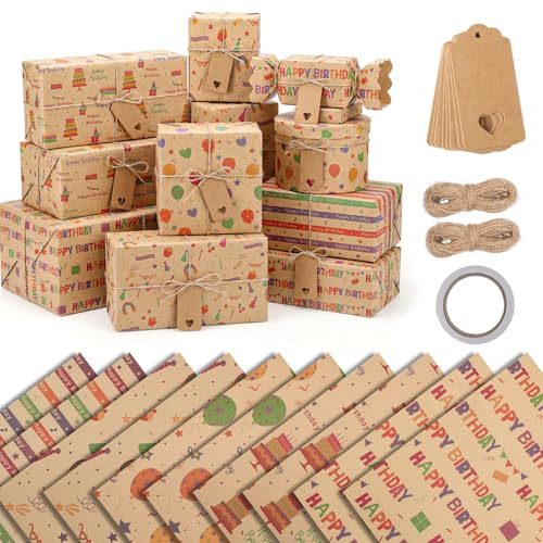 woric 10 Blatt Geschenkpapier Geburtstag, Kraftpapier Geschenkpapier | 5 Stile Geschenk Papier Set mit 10 Kraftpapieranhänger&2 Hanfseile für Männer Frauen Mädchen Junge Kinder(70x50cm)