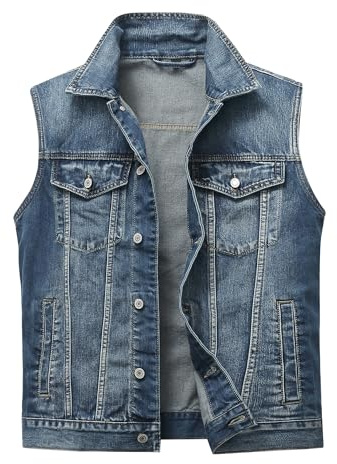 MeiLayM Homme Gilet en Jean Veste Classique Rétro Denim Veste Décontractée Sans Manches Denim Gilet Motard de Multi Poches
