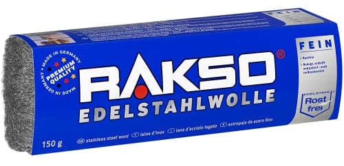 RAKSO Laine d'acier inoxydable fine - 150g, 1 banderole, inoxydable, lisse les bois tanniques sans coloration bleue du grain, Paille de Fer pour Nettoyage Délicat et Entretien