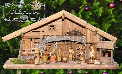 BTV Riesen Krippe Weihnachtskrippe + Zubehör, ca. 100 x 50 cm Design massiv Vollholz Massivholz mit Krippenfiguren HANDBEMALT UND GEBEIZT 12 Figuren + Laterne Beleuchtung: LICHT KOMPLETT MIT