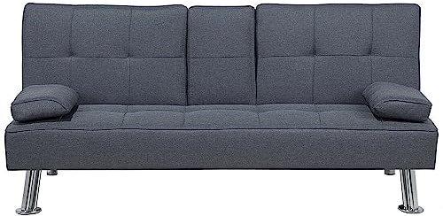3-Sitzer Schlafsofa Stoffbezug grau mit integriertem Tisch Klapparmlehne Roxen