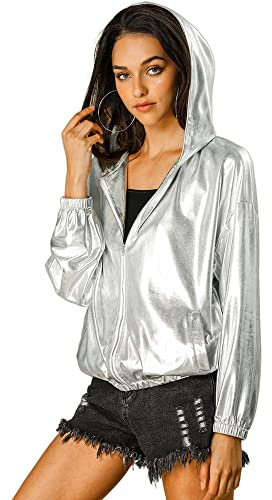 Allegra K Holografische Party-Jacke für Damen, schimmernd, glänzend, leicht, mit Reißverschluss und Kapuze, Metallic, silber, XS