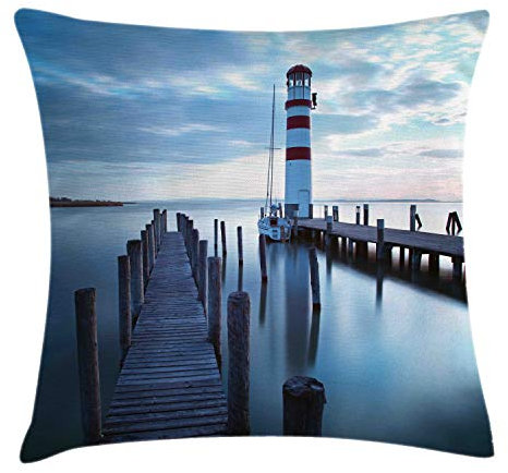 ABAKUHAUS maritim Kissenbezug, Leuchtturm Meer bei Sonnenaufgang, Digitaldruck Waschbar Farbfester Kopfkissenhülle Reißverschluß Beidseitiger Druck, 40 x 40 cm, Dark Brown-Schiefer-Blau