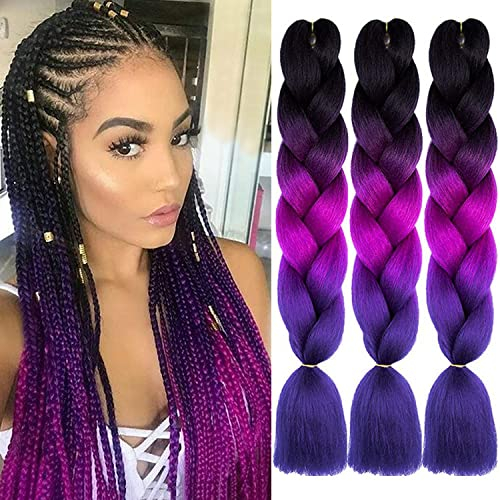 Colorfulpanda Ombre xpression extension per treccine Capelli Sintetici per Treccine Africane 3 Ciocche Trecce Jumbo Braiding Hair Kanekalon (Nero/Viola scuro/Viola chiaro)
