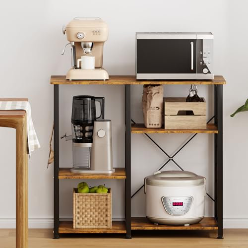 SogesPower Etagères de Cuisine, Support Micro Onde avec 3 + 3 étagère, Meuble de Rangement pour Micro-Ondes, Mini-Four, Machine à Café, Épices, Pots, épices et Ustensiles, Marron/Noir