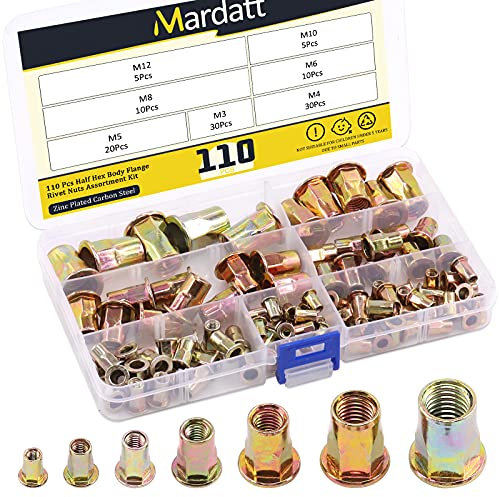 Mardatt - Kit di dadi esagonali metrici per rivetti esagonali in acciaio al carbonio con testa piatta e filettata, 110 pezzi