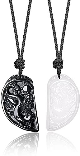COAI Geschenkideen Glücksketten aus Obsidian und Weißer Jade Drachen und Phönix Gravur Anhänger EIN Paar Partner Ketten