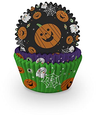 Anniversary House 75 Halloween Cupcake Cases - Heavy Duty Greaseproof Paper Baking Cups with Pumpkin, Ghost & Spooky Icon Designs - Muffin & Cupcake Liners in Resealable Storage Pot
