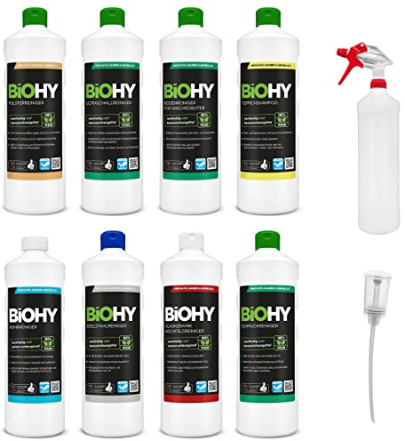 BiOHY Reinigungsmittel Kombi Set mit Dosierer und 1L Sprühflasche (8 x 1 L) | für alle Anwendungsbereiche | kraftvoll & effizient | 100% vegane Reiniger ohne schädliches Mikroplastik