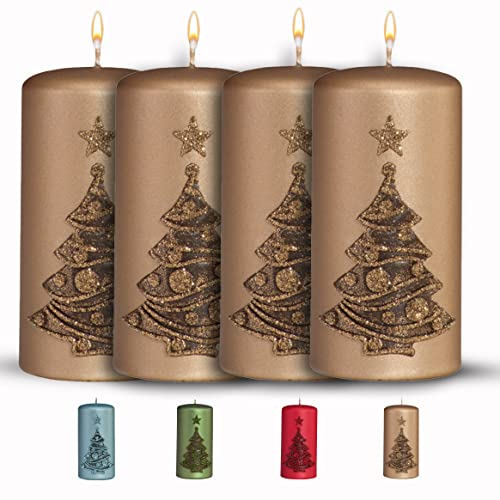 WikaKerzen bezaubernde Weihnachtskerze für Adventskranz - 4 Set 12x6cm - Weihnachtsbaum - Glitzer Stumpenkerze aus hochwertigem Paraffinwachs mit Baumwolldocht - Adventskerze RAL zertifiziert (Sand)