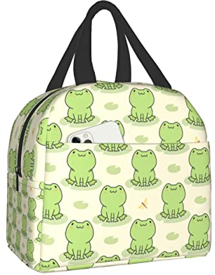 Cute Frog And Dragonfly Lunch Box , Bento Box Insulated Lunch Boxes Reusable Waterproof Lunch Bag With Front Pocket For Office Picnic Hiking Beach