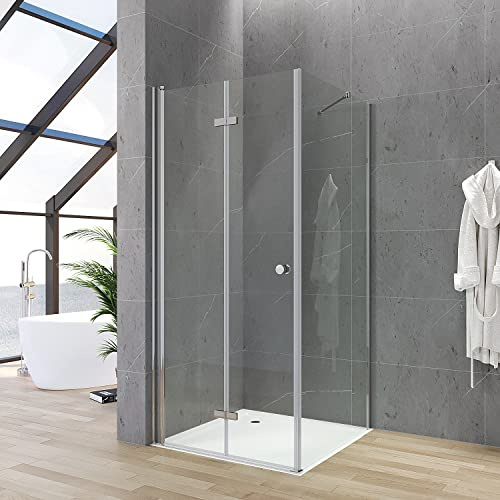 Duschtür mit Seitenwand 100x80 cm Falttür Drehfalttür Dusche 100 cm mit festem Seitenteil 80 cm Duschkabine Eckeinstieg rahmenlos Eckdusche Falttüren Sicherheitsglas ESG Klarglas 5 mm Höhe 187 cm
