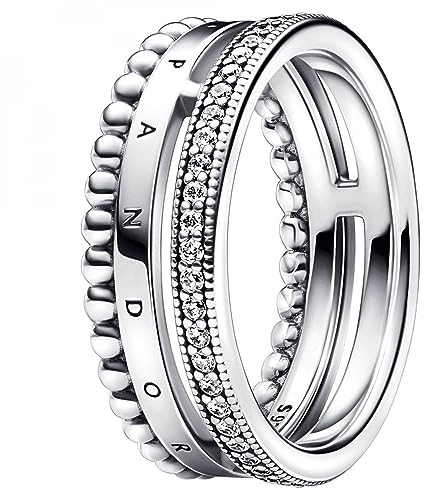 PANDORA Signature Anello con logo con pavé e perline in argento Sterling con zirconia cubica trasparente, 52