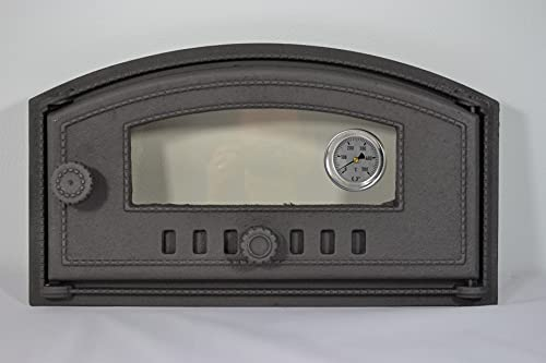 SEZAM Puerta de horno de hierro fundido con termómetro 500 °C, cristal resistente al calor, apertura a la derecha, puerta para pizza, horno de pan, 48,5 x 6,5 x 27,5 cm, semicircular, pintura grafita