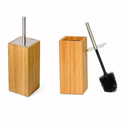 Toilet Brush and Holder Wood Square Base with Stainless Steel Handle - Exchangeable Brush Head, Easy to clean