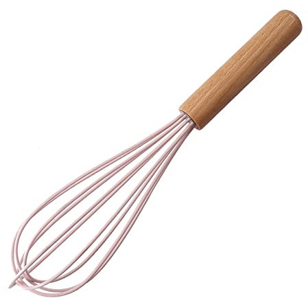 ohfruit 10 Inch Silicone Whisk with Wooden Handle,Cream Mixer Manual Egg Beater Heat Resistant Kitchen Whisk Egg Shaker Mixer, Black Pink