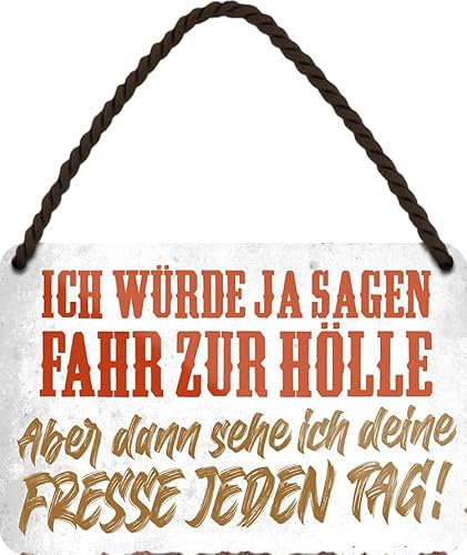 WOGEKA ART Retro Blechschild - Ich würde ja sagen FAHR zur HÖLLE - Lustiger Spruch als Geschenkidee zu Geburtstag, Weihnachten als Deko Schild 18x12 cm Metall Hängeschild HS1046