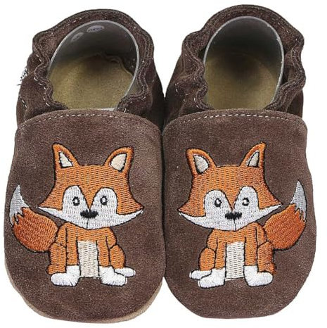 HOBEA-Germany Krabbelschuhe für Jungs und Mädchen in verschiedenen Designs, Kinderhausschuhe Jungen, Lederschuhe, Schuhgröße:26/27, Modell Schuhe: Fuchs Dunkelbraun