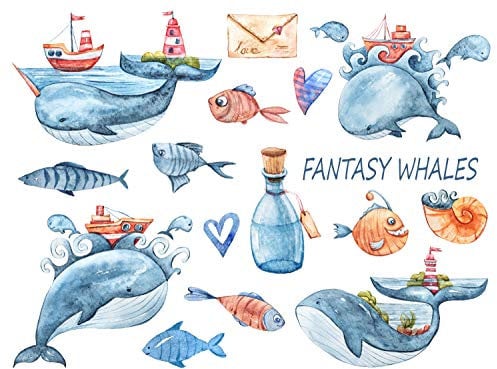 wandmotiv24 Fototapete Kinderzimmer Fantasie Meerestiere, 300 x 210 cm - selbstklebende Vliestapete 150g, Wanddeko, Wandbild, Wandtapete, Aquarell Fische Wasser Wale M5810