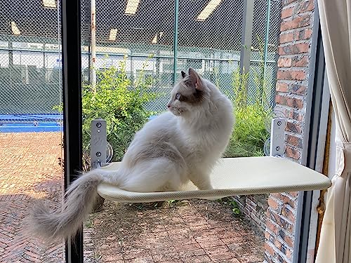GUUSII HOME Cat Window Bed Hammock Perch with Upgraded Suction Cups Cat Windowsill Seat Foldable 52x30cm for Large Cats Perches Holding Up to 25kg Easy to put together (Flannel + Mesh - Beige)