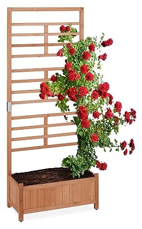 Relaxdays Fioriera da Esterno con Traliccio, 171x71,5x32 cm, Spalliera per Rampicanti Porta Fiori Rettangolare, Marrone, Legno