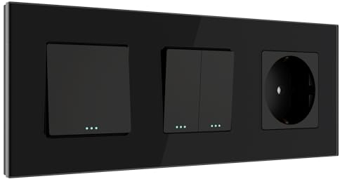 PULSAR Steckdose/Lichtschalter/Serienschalter Unterputz Schwarz Glas, Kombination 3-Fach aus Schalter, Doppelschalter und Schuko-Steckdose 16A mit 4mm Glasrahmen