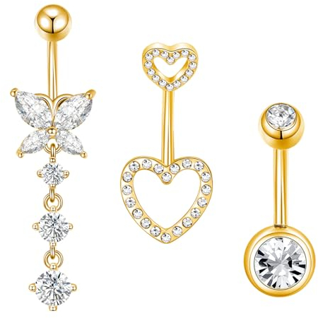 Besyvvin 3stk Bauchnabelpiercing Chirurgenstahl 10mm Gold Schmetterling Herz Bauchpiercing Piercing Bauchnabel Schmuck