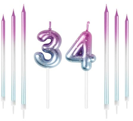Mciskin 34th Birthday Number Kerzen Dekorationen Bunte 34 Kerze mit Rosa Lila Lange Kerzen Kuchen Kerzen Kuchen Topper Dekorationen für Jungen Mädchen Männer Frauen Geburtstagsfeier Hochzeit Jubiläum