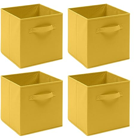 Homullel Foldable Storage Cube Boxes Set of 4, Storage Unit Box with Handle/Eyelet, Collapsible Storage Bins Organiser for Shelf Closet Organization (With Handle, Yellow)