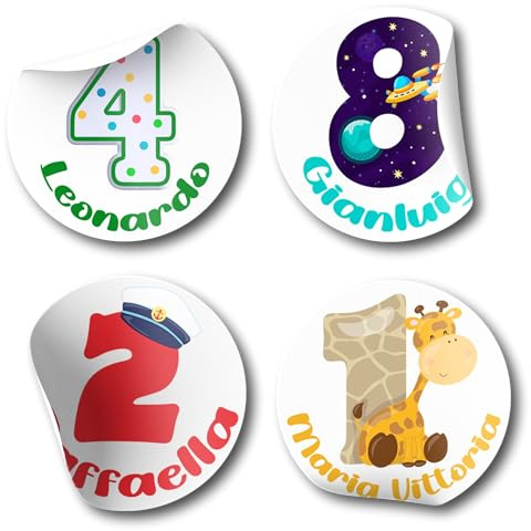 20 Adesivi Tondi Personalizzati Compleanno Bambini 1-12 Anni | Con Numero e Nome, Ideali per Bomboniere, Segnaposto, Party Kit Feste