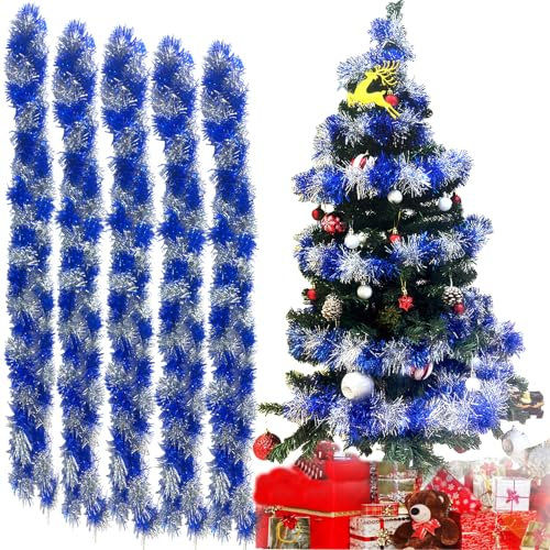 Ghirlanda Di Alberi Di Natale, Ghirlanda Di Orpelli Natalizi, Ghirlanda Di Metallo Scintillante 5 Pezzi * 2 M Per Ringhiere, Finestre, Caminetti, Decorazioni Per Alberi Di Natale(Blu, argento)